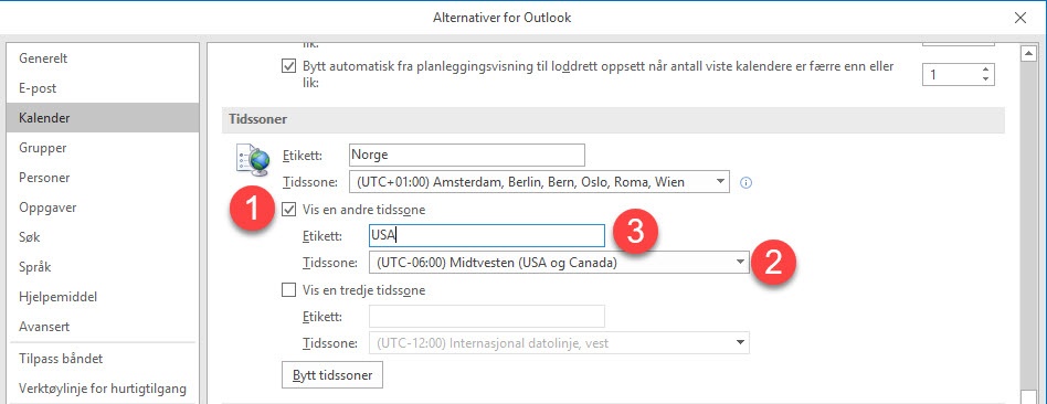 Hvordan endre - legge til tidssoner i Outlook 2