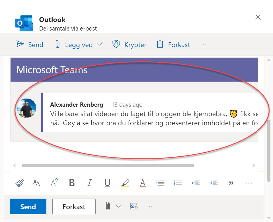 Hvordan dele en Microsoft Teams samtale som e-post i Outlook 3-1