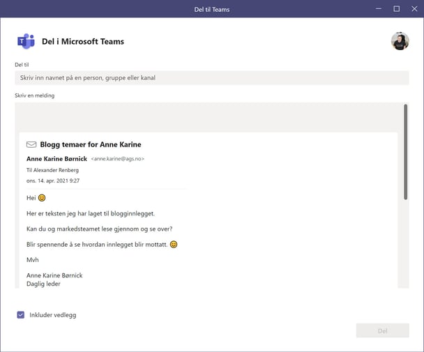 Hvordan dele epost til Teams fra Outlook 3