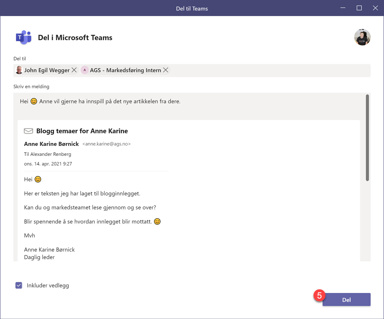 Hvordan dele epost til Teams fra Outlook 7