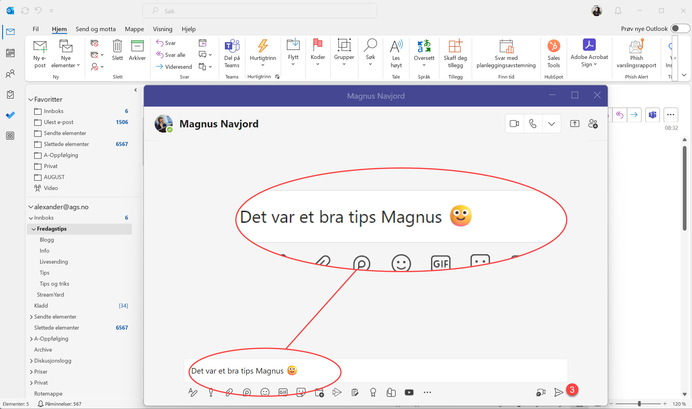 Hvordan sende Teams melding fra Outlook 5