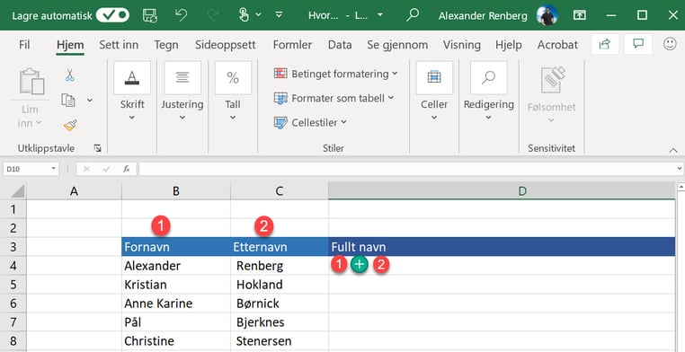 Hvordan slå sammen celleinnhold i Excel 2