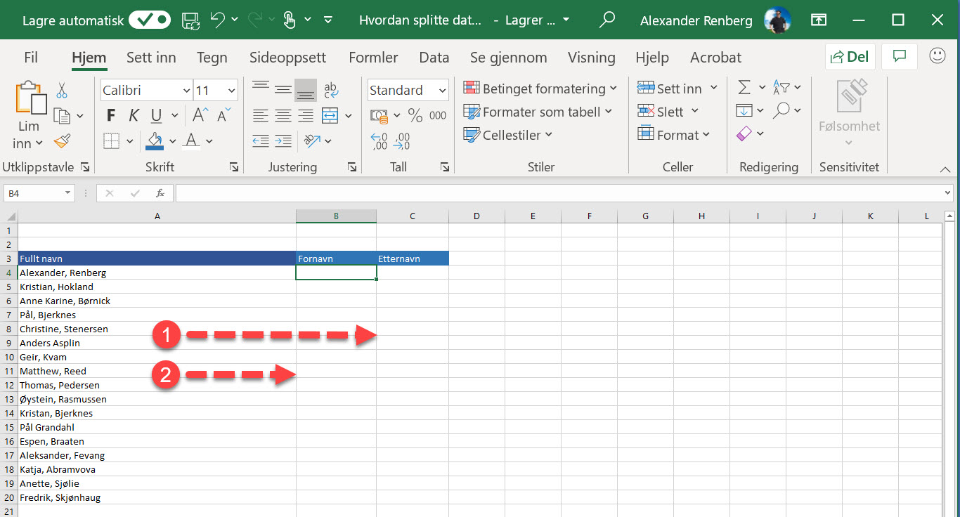 Hvordan splitte data inn i forskjellige kolonner i Excel