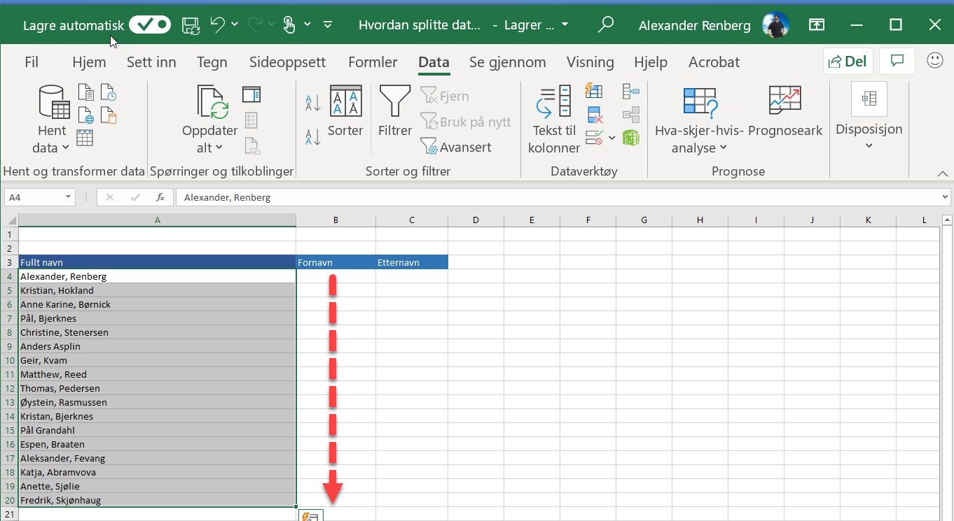 Hvordan splitte data inn i forskjellige kolonner i Excel