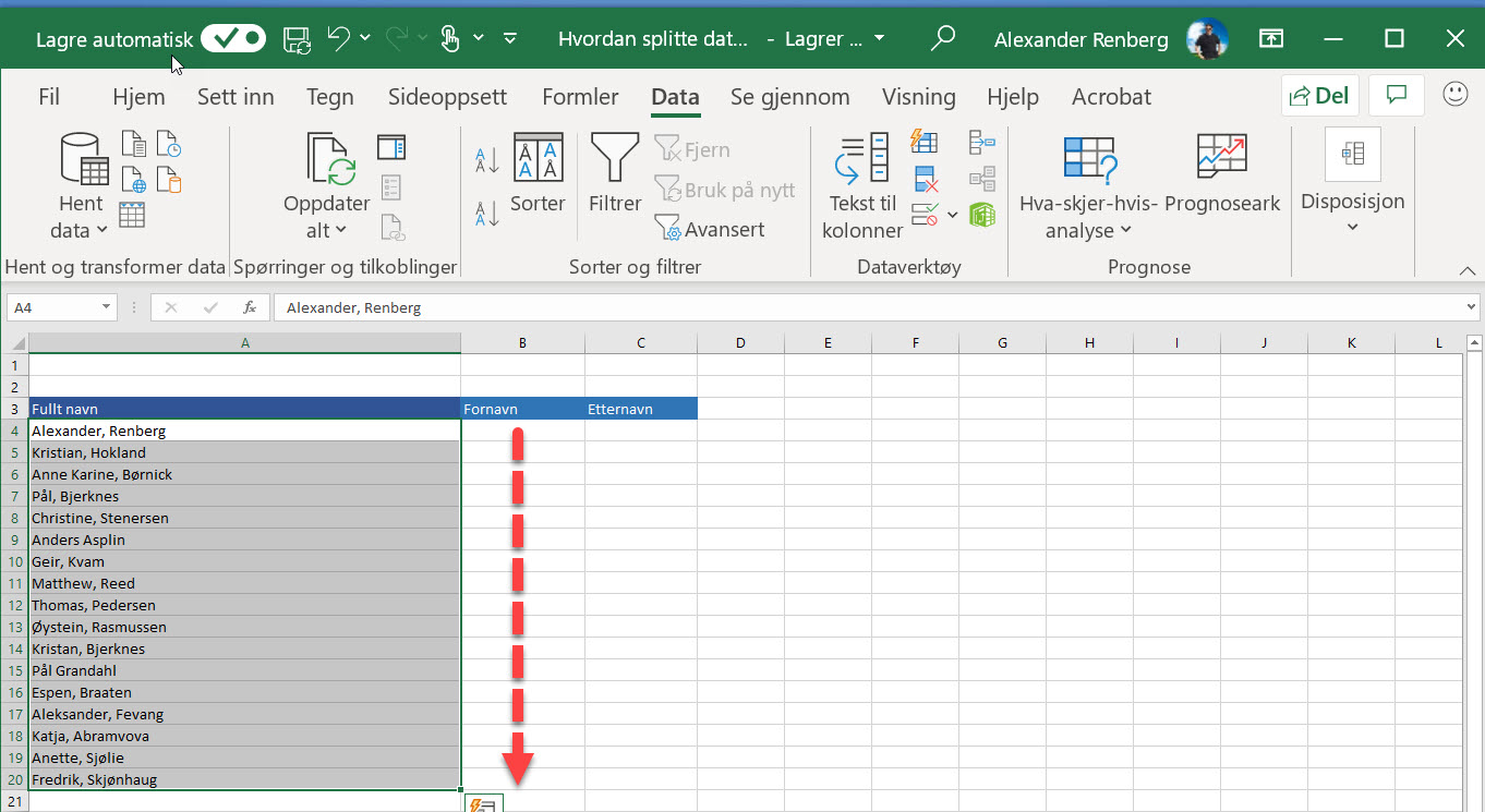 Hvordan splitte data inn i forskjellige kolonner i Excel 2_1