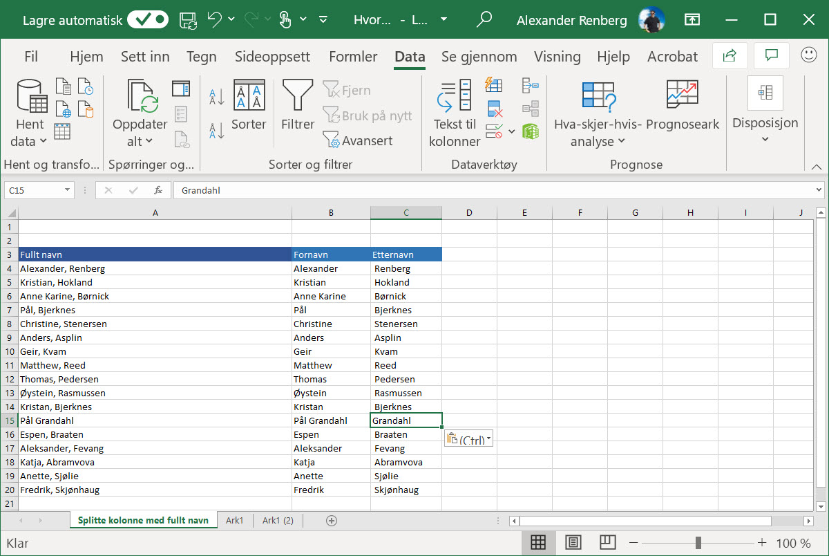 Hvordan splitte data inn i forskjellige kolonner i Excel 7