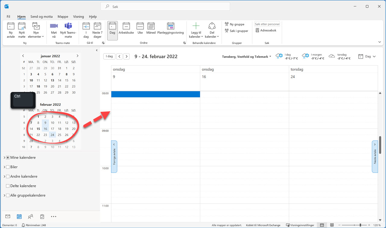 Hvordan vise utvalgte datoer i Outlook kalenderen