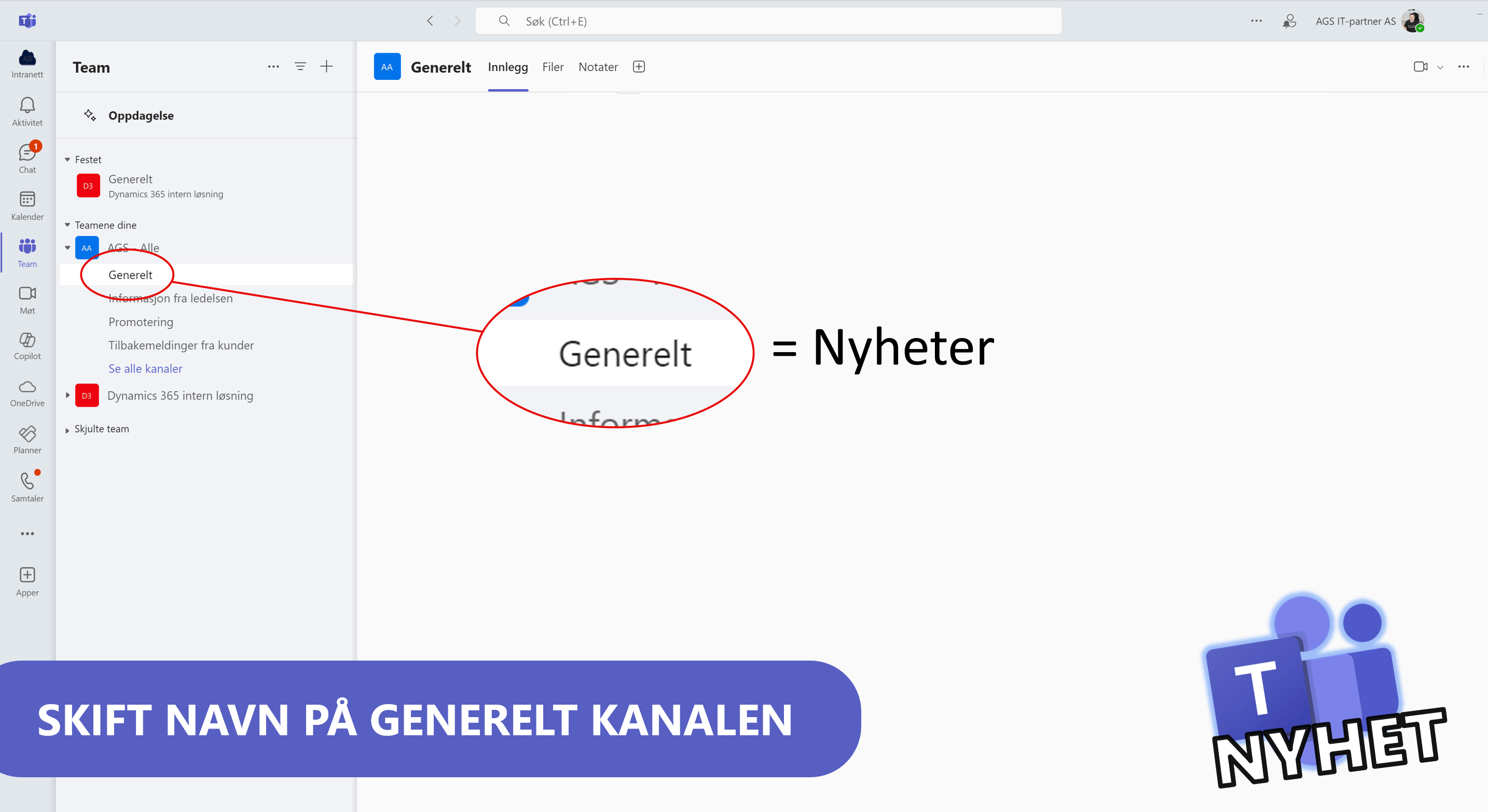 Skift navn på generelt i Teams