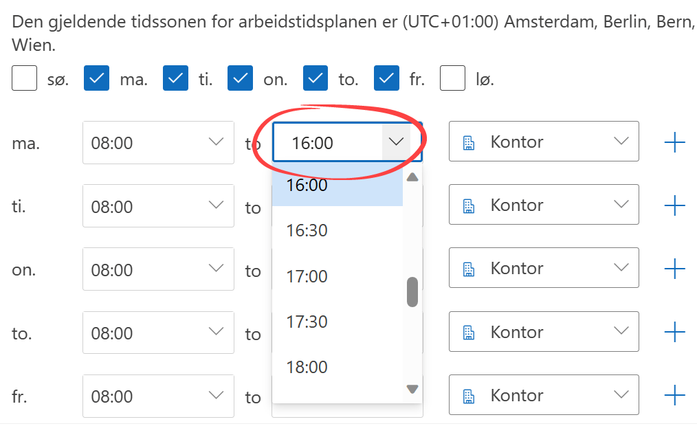 Slik lager du en plan for arbeidstid og sted i Outlook 6
