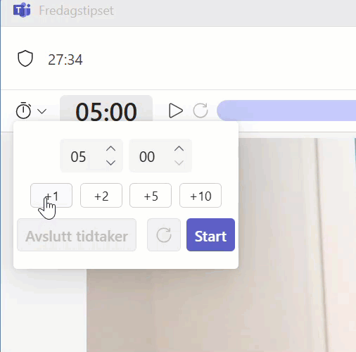 Hvordan bruke Tidtaker i Teams møter 5 gif