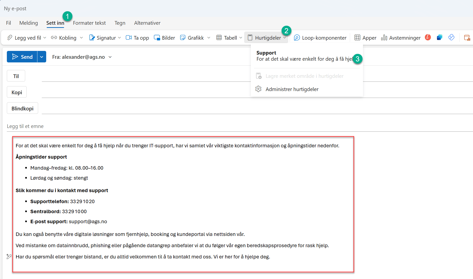 Hvordan bruke hurtigdeler i Outlook 6