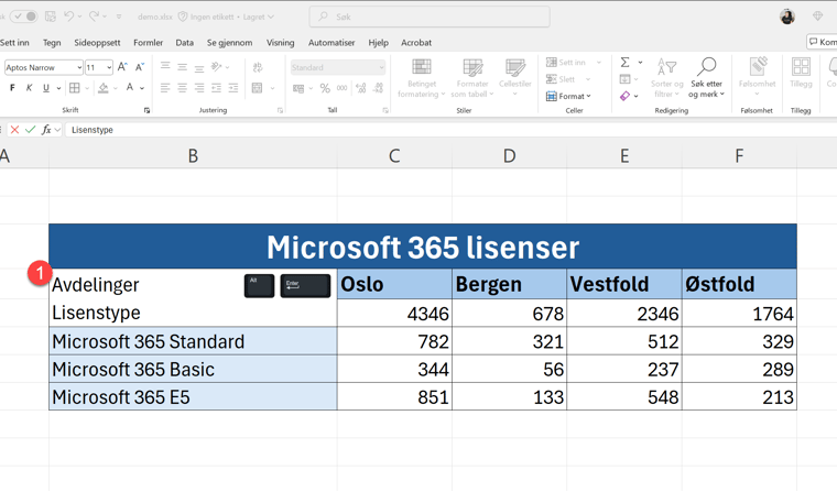 Hvordan dele en celle i to overskrifter i Excel 2