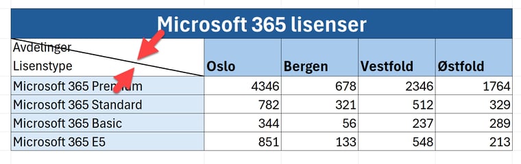 Hvordan dele en celle i to overskrifter i Excel 5