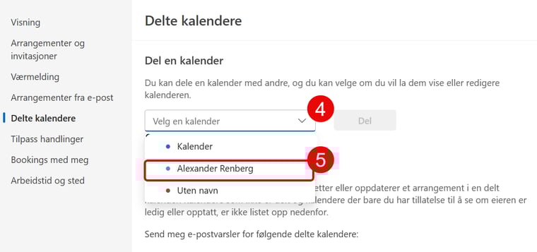 Hvordan dele og delegere kalenderen din i Nye Outlook 4