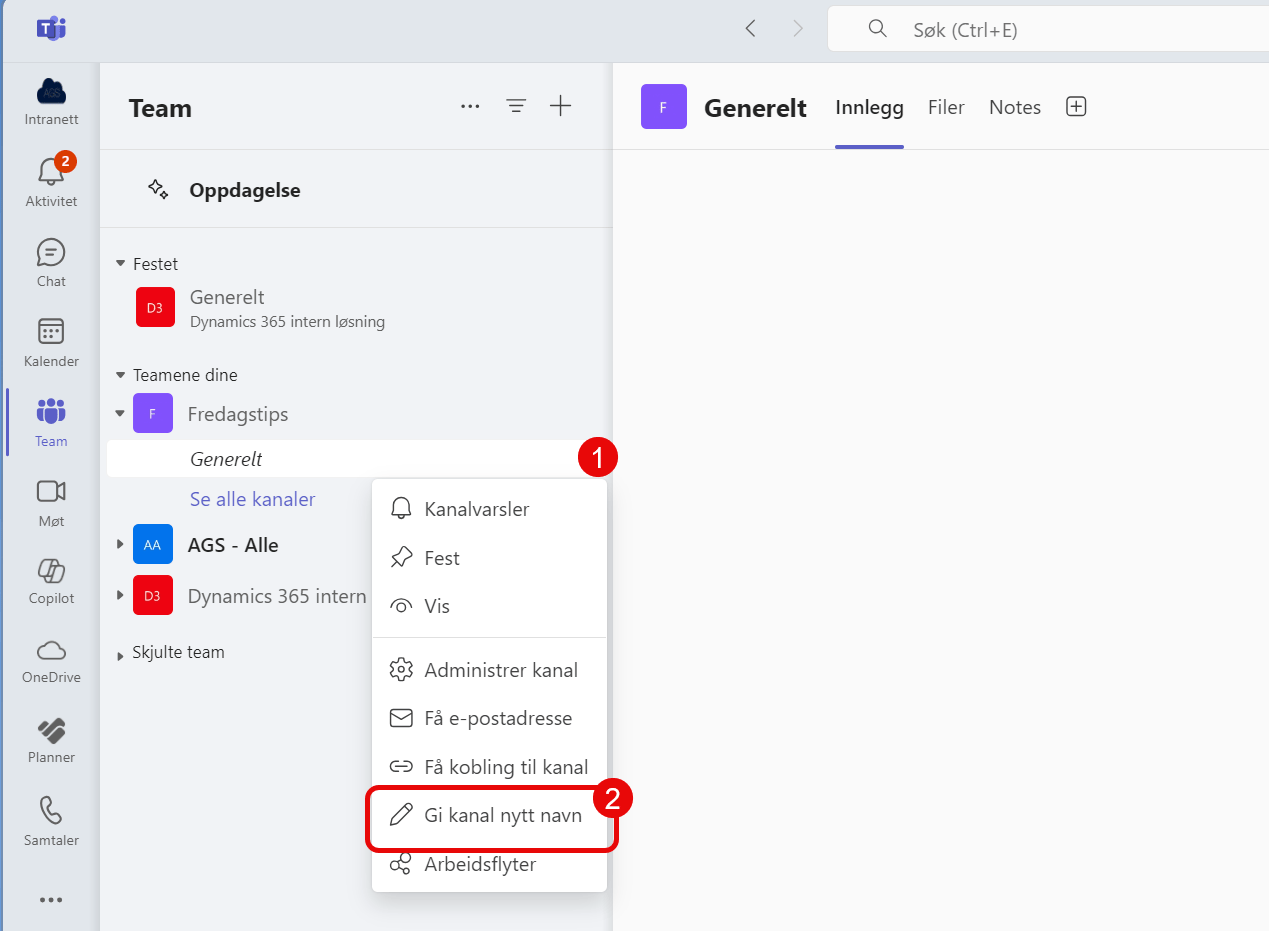 Hvordan endre navn på Generelt kanalen i Teams 2