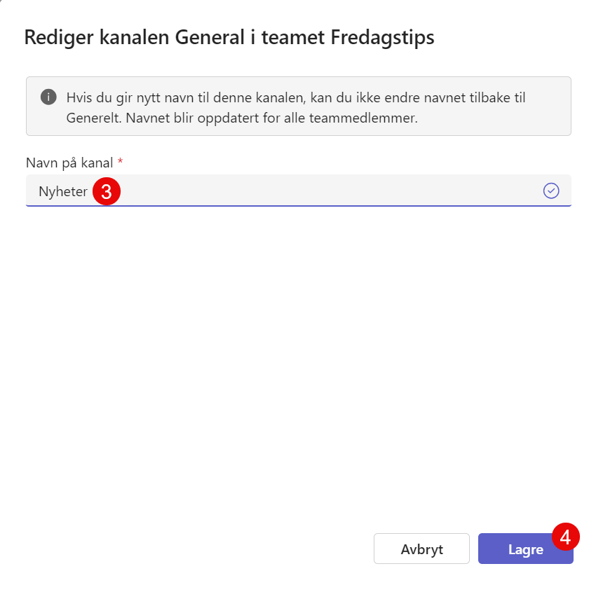 Hvordan endre navn på Generelt kanalen i Teams 4