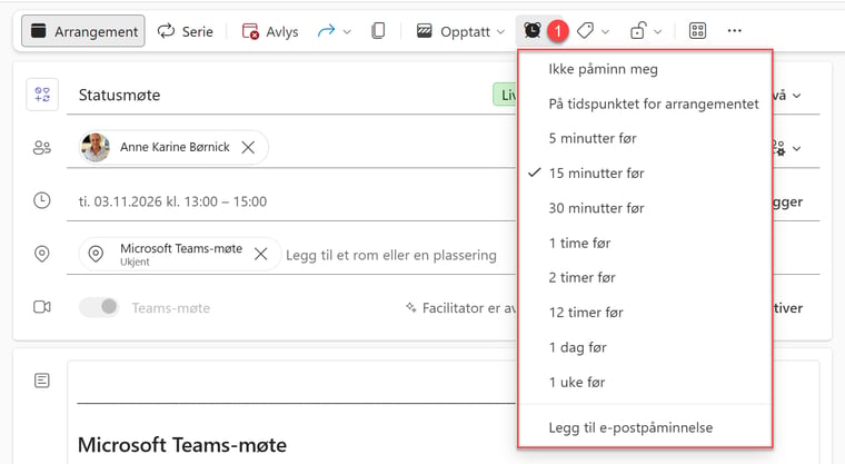 Hvordan justere møte påminnelser i Teams 2