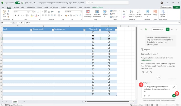 Hvordan lage avkrysningsbokser i Excel med Copilot 5