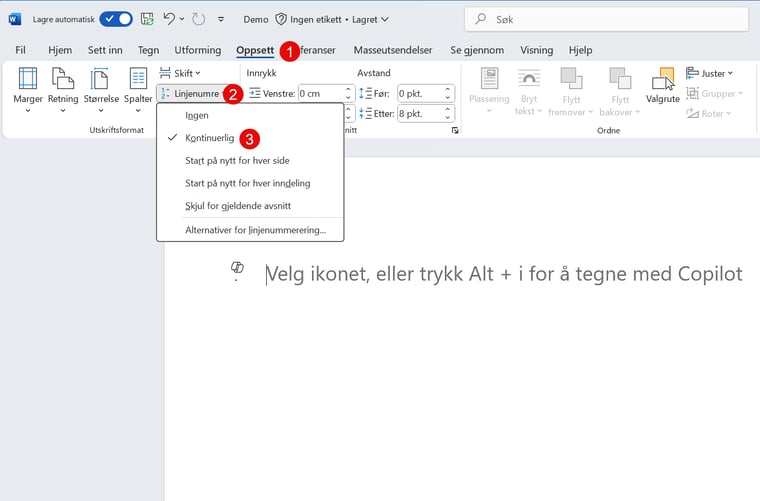 Hvordan lage linjenummerering i Word 2