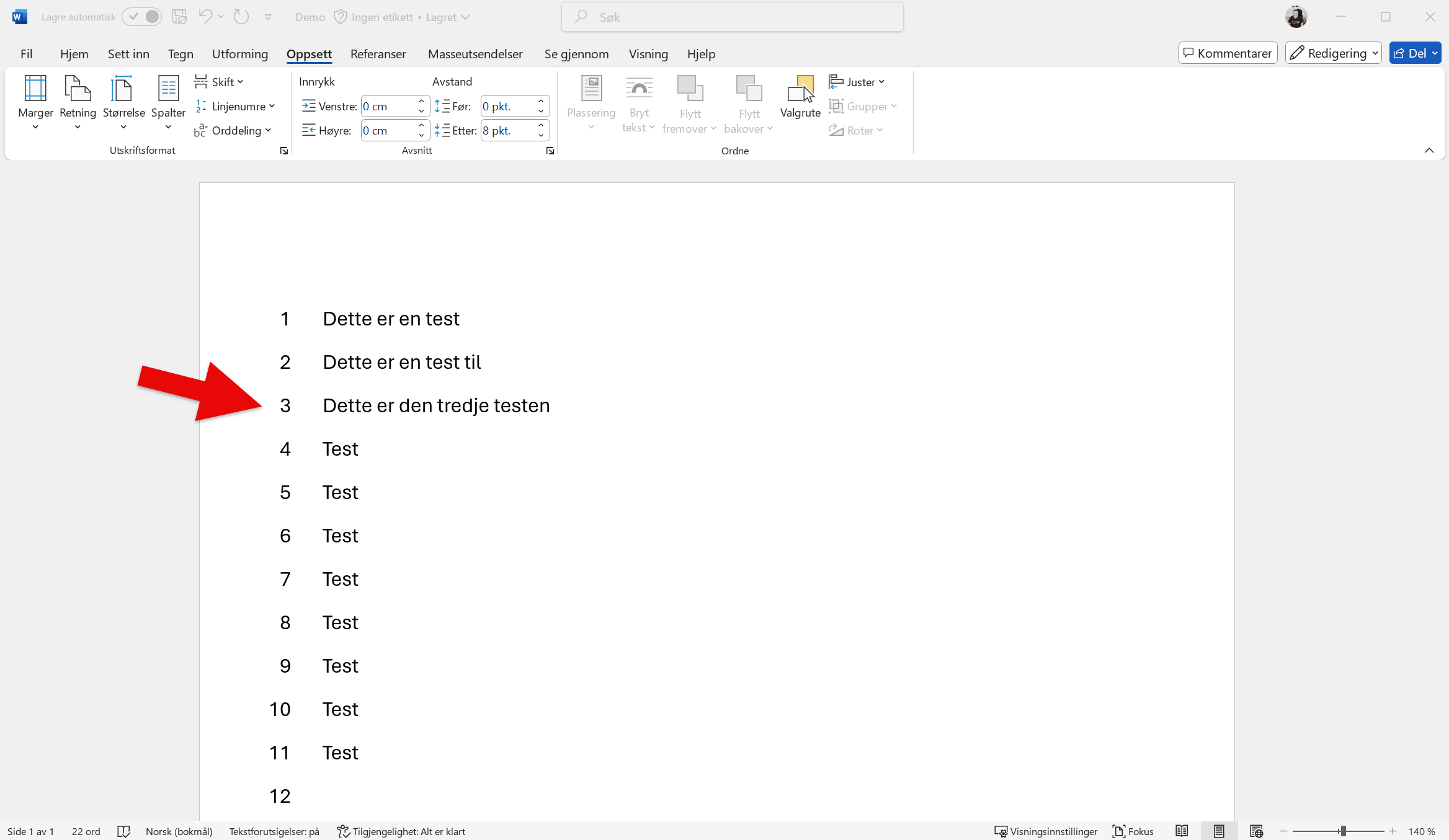 Hvordan lage linjenummerering i Word 3
