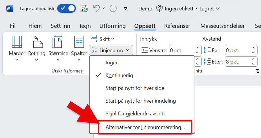 Hvordan lage linjenummerering i Word 4