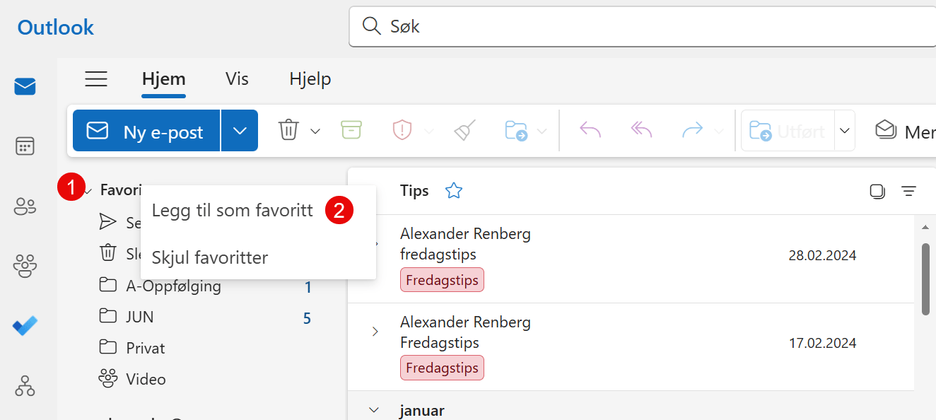 Hvordan legge til en tag som favoritt i Outlook 7