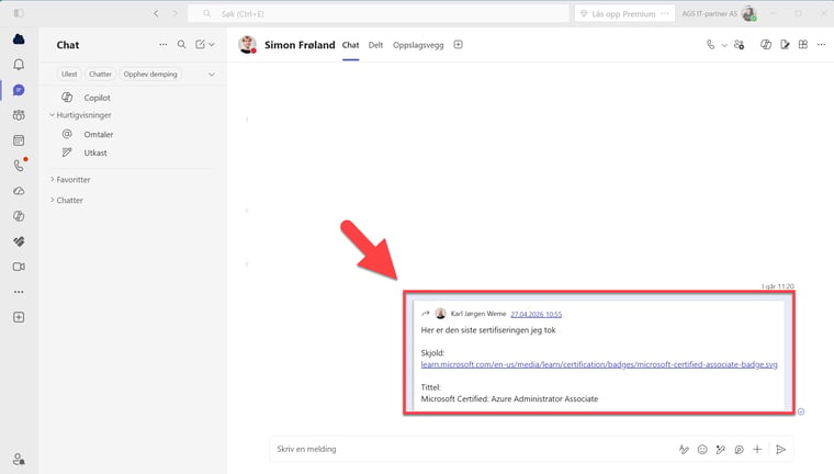 Hvordan videresende chat meldinger i Teams 1