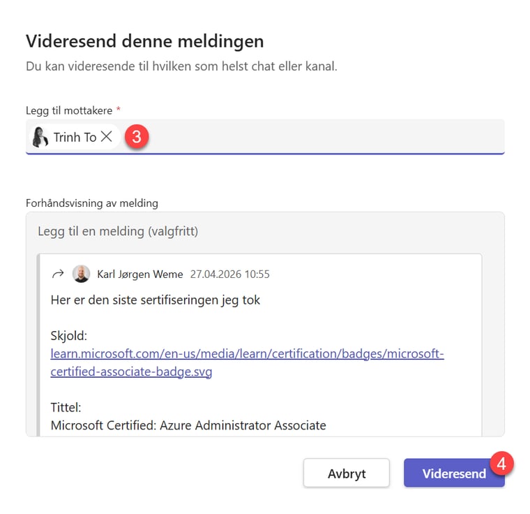 Hvordan videresende chat meldinger i Teams 3