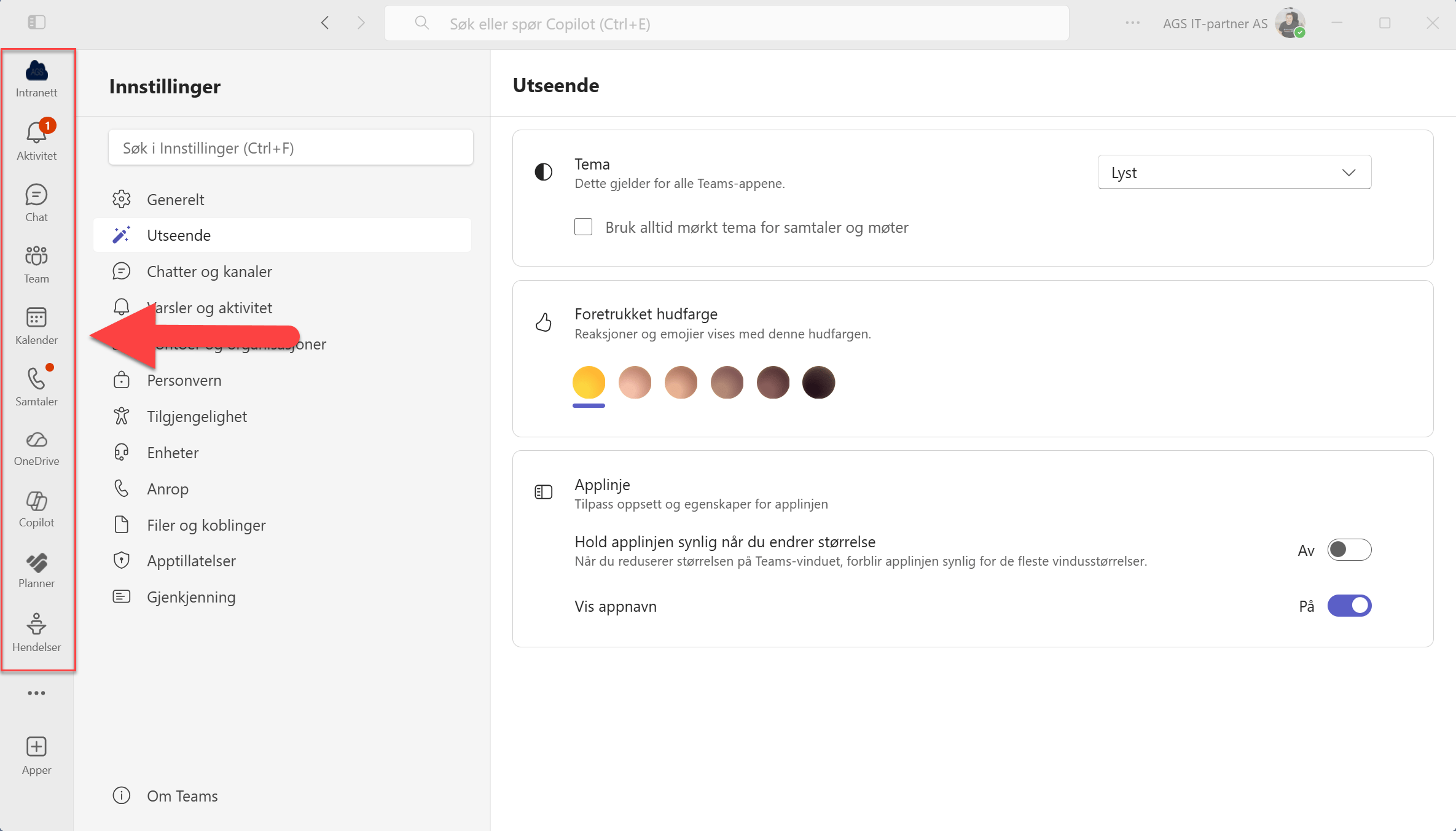 Hvordan vise navn på Applinjen i Teams 4