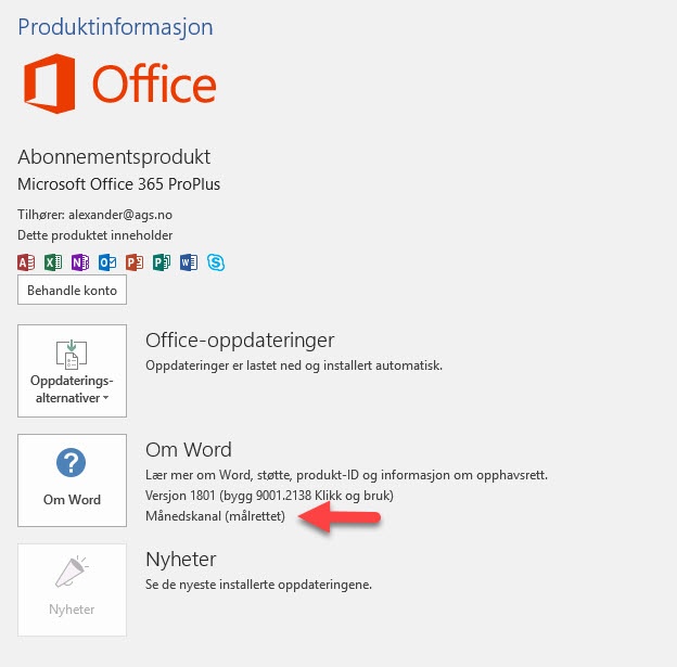 Endre på oppdateringer av Office 365 