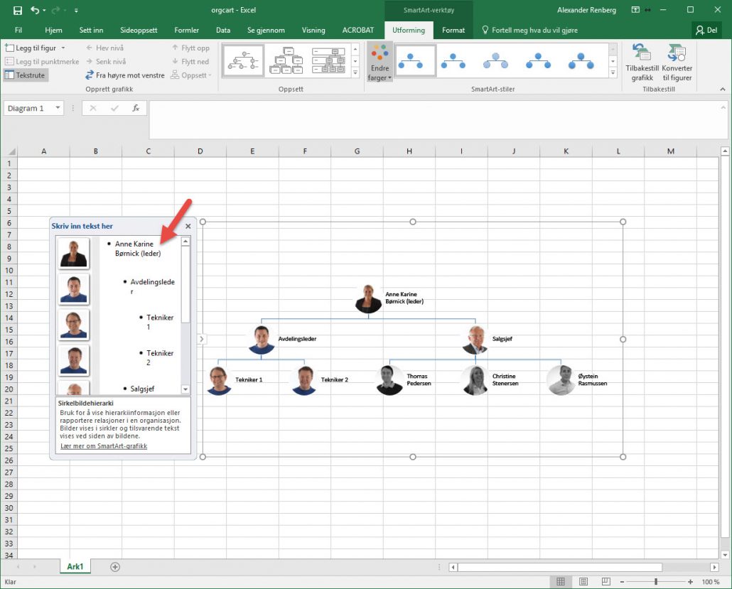 Hvordam lage organisasjonskart i Excel, Word eller Powerpoint