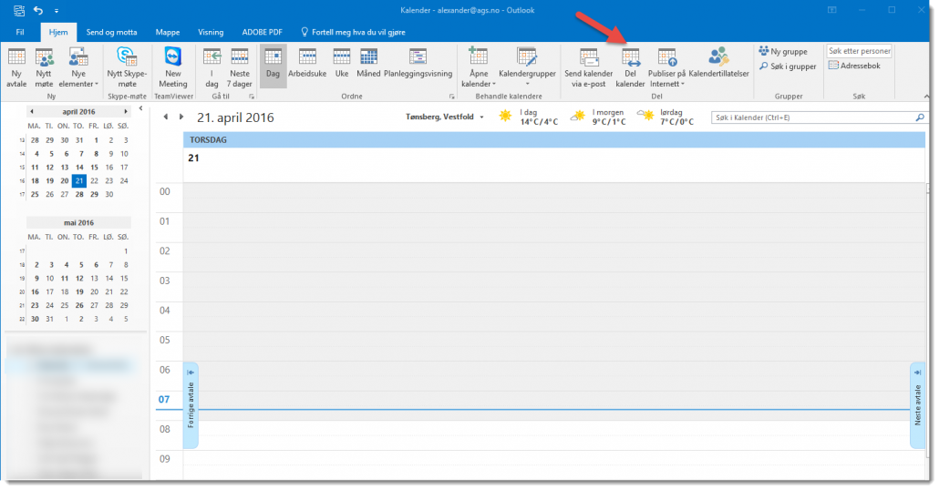 Hvordan dele kalenderen i Outlook.