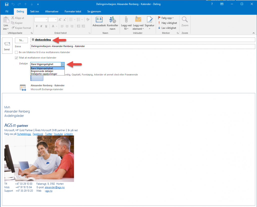 Hvordan dele kalenderen i Outlook.