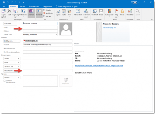 Opprett kontakt i Outlook 2