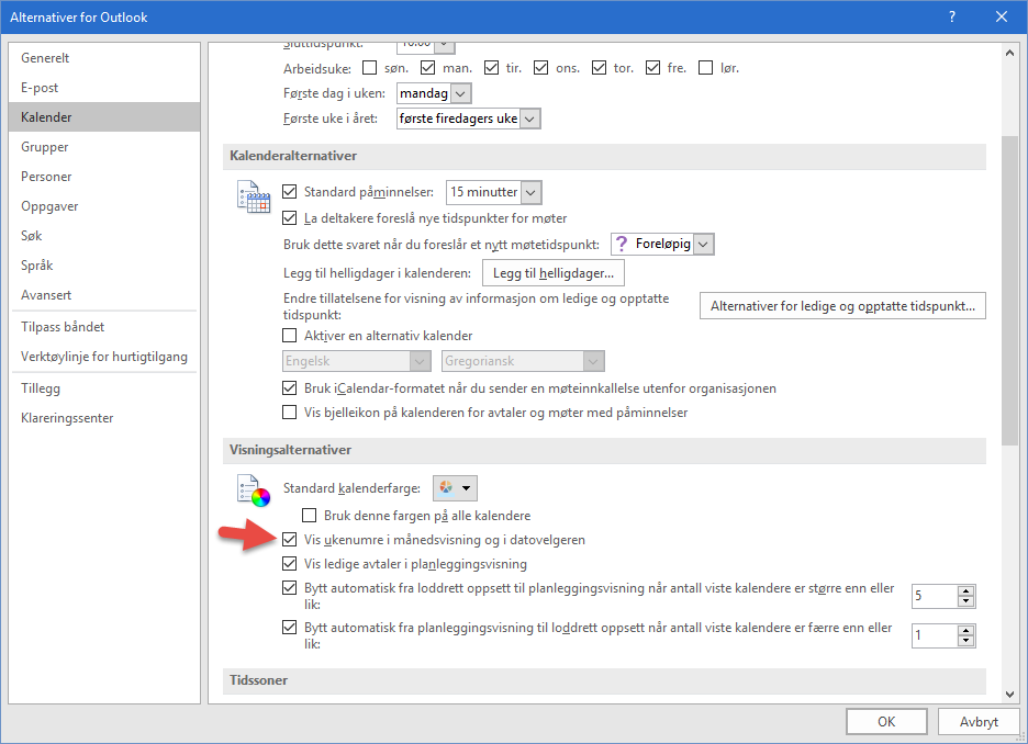 Hvordan legge til ukenummer i Outlook kalenderen