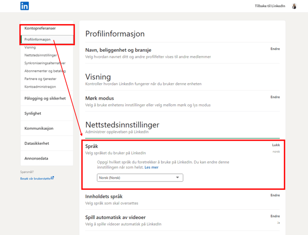 Linkedin innstillinger-språk