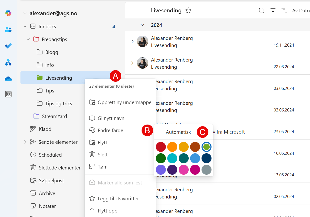 Slik farger du innboksen i Outlook 7