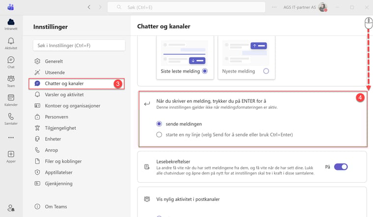 Velg Enter-tastens funksjon i Teams chat 3